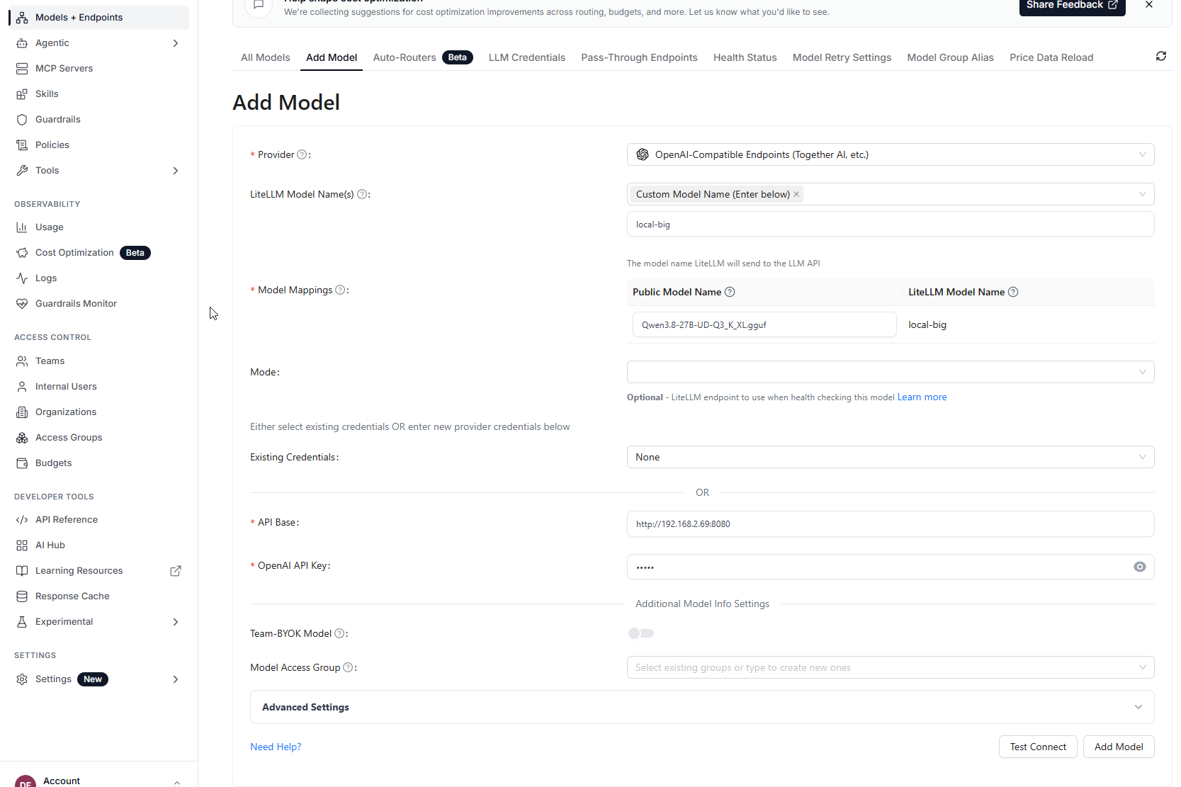 LiteLLM configuration for the local-big llama.cpp backend