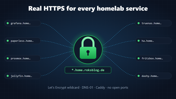 Padlock with a *.home.roksblog.de wildcard certificate connected to homelab services